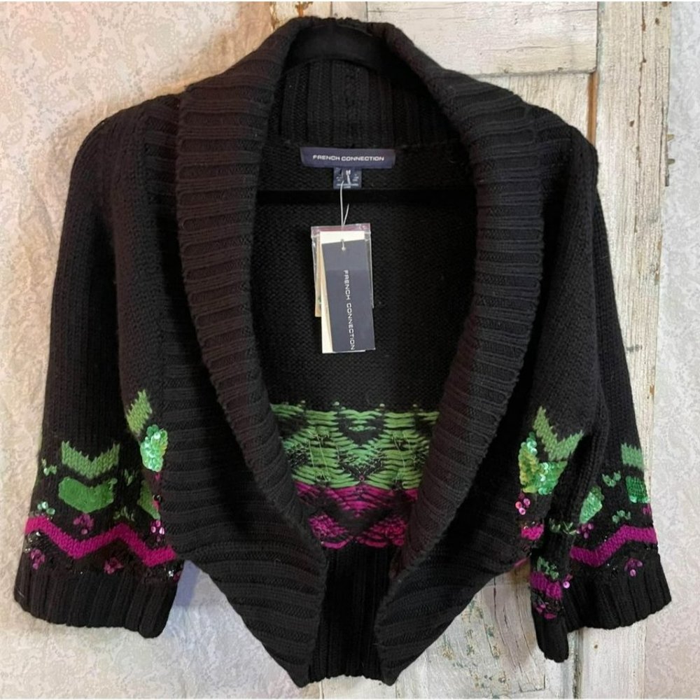 French Connection Black Shrug Sweater Green & Purple Sequin Woman’s Medium